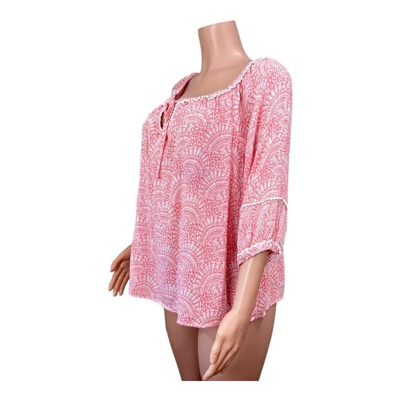 Crown & Ivy Women sz L Petite  Coral Top Blouse Tie Collar Neck Crochet Detail - Picture 10 of 15